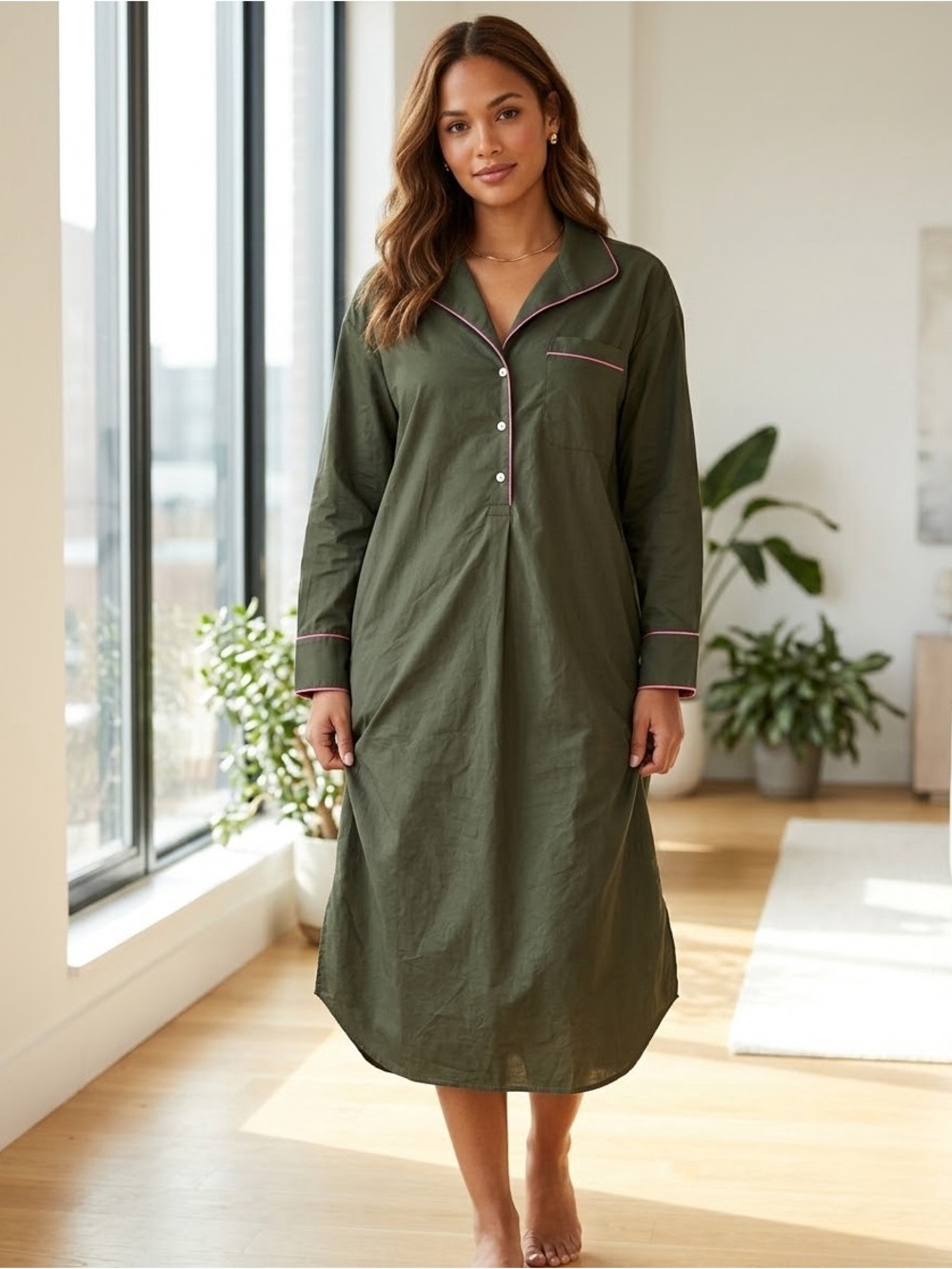 NWT $238 J.McLaughlin Small Valentina Midi Dress Deep Olive Pink Contrast Trim S